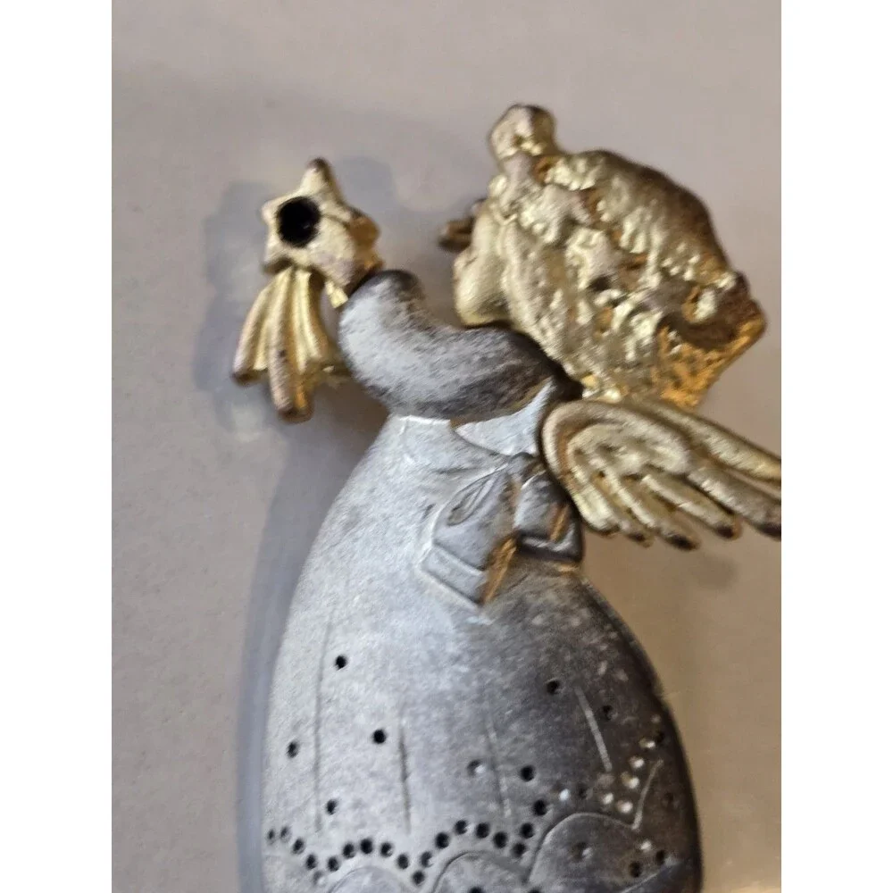 Vintage Angel Brooch Pin Two Tone Gold Silver Praying Angel Holding Flower #1225